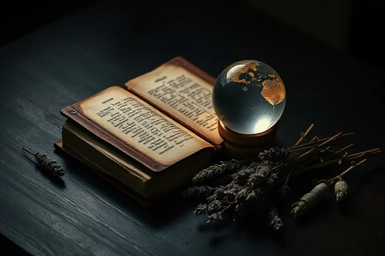 Cinematic still life of an antique journal, crystal ball, and dried herbs on a dark table, symbolizing esoteric guidance.