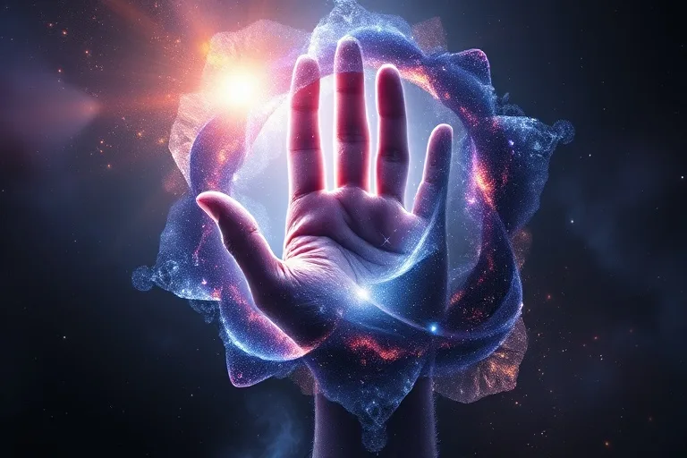 Abstract conceptual art of swirling cosmic dust forming a supportive hand-like shape, symbolizing unseen spiritual support.