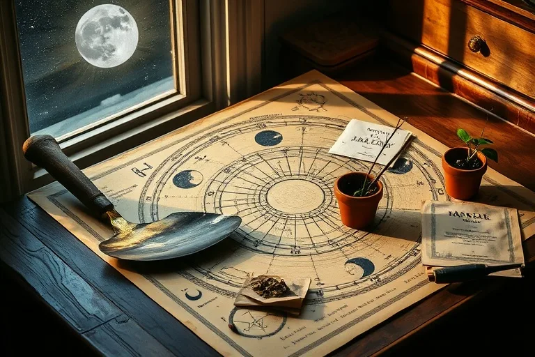 Vintage astronomical chart with gardening tools under moonlight