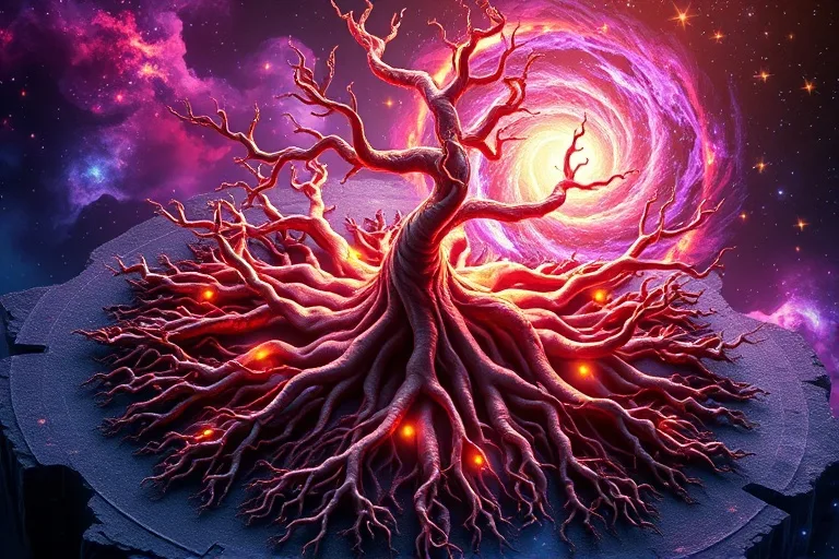 Abstract art of intertwined roots and cosmic nebulae