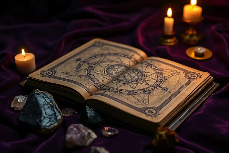 Ancient grimoire with sacred geometry, raw protective crystals on velvet, dramatic candle light, still-life