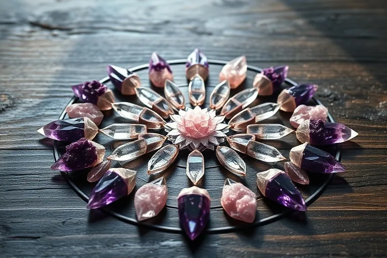 3D render of crystal grid with clear quartz, amethyst, rose quartz on wooden altar, natural light