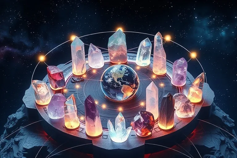 A complex, glowing crystal formation intertwined with a stylized planetary orbital model, set against a deep cosmic background, emphasizing intricate connections and energy flow.