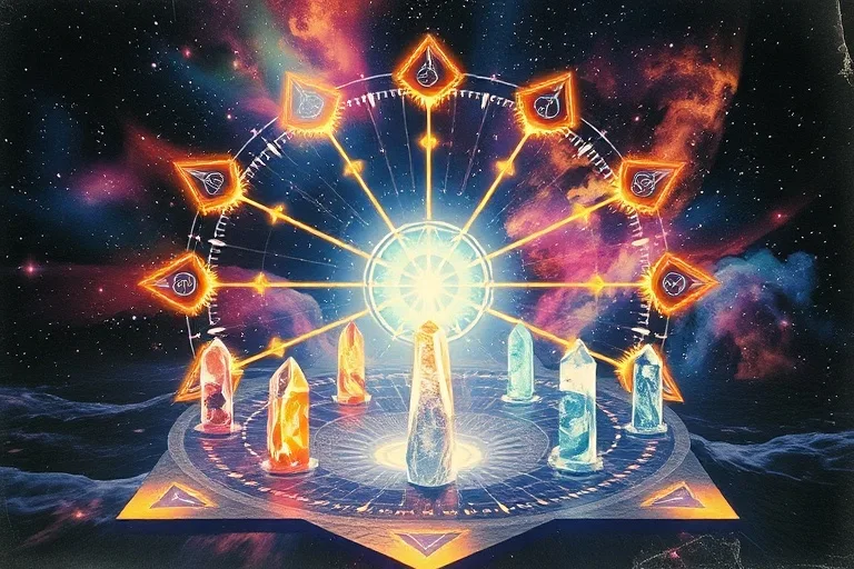 Abstract 3D illustration of energetic flow, lines of light from crystals converging into a central vortex, cosmic nebulae background.