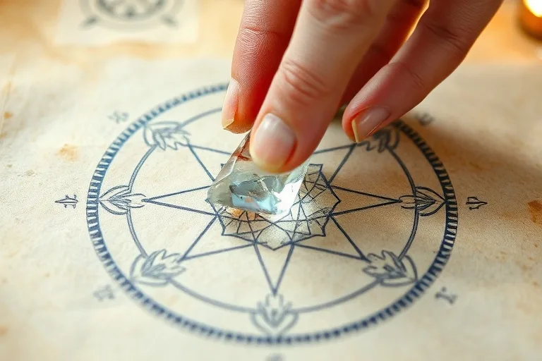 Watercolor painting of a hand gently placing a clear quartz crystal onto a sacred geometry pattern on aged parchment, soft diffused light.