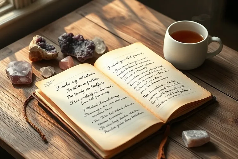 Still life photograph of an open journal with handwritten affirmations, surrounded by polished crystals and a tea cup on a rustic wooden table.