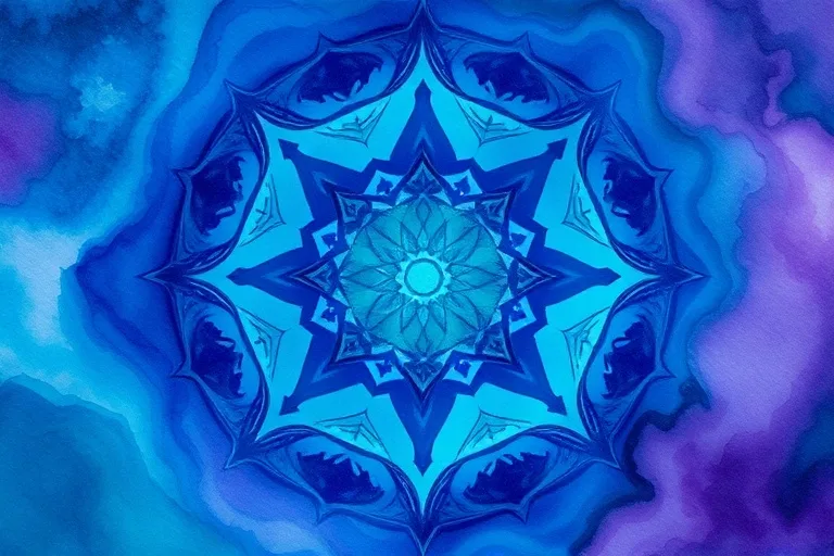 Abstract conceptual art with flowing watercolors in blues, greens, and purples, suggesting inner peace and spiritual connection.