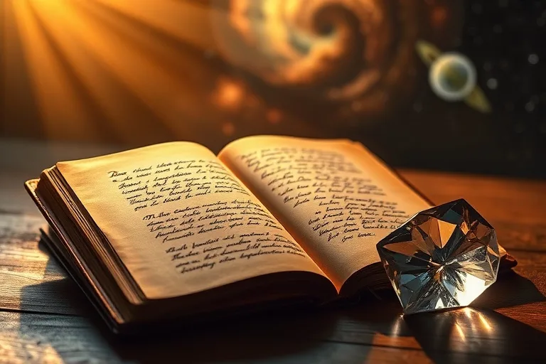 A cinematic still life of a vintage journal open to a page filled with elegant, handwritten affirmations. A beam of golden sunlight illuminates the page, and a small, multifaceted crystal sits beside it, with a soft, out-of-focus background of a cosmic scene.