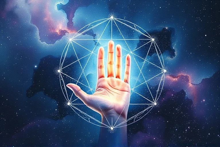 An abstract watercolor painting depicting cosmic energy flowing from a starry background into a stylized, open hand. The colors are ethereal blues, purples, and golds, blending softly to create a sense of spiritual connection and empowerment.