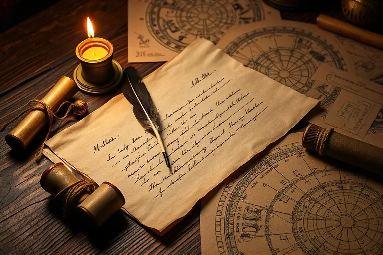 Weathered parchment scroll on an antique wooden desk with astrological charts and a quill