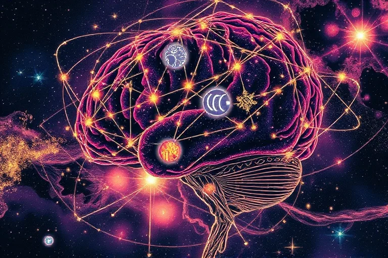 Vibrant, abstract nebula forming the shape of a human brain with constellations