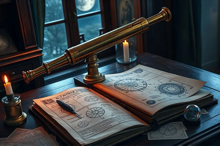 Antique telescope and astrology book on a desk