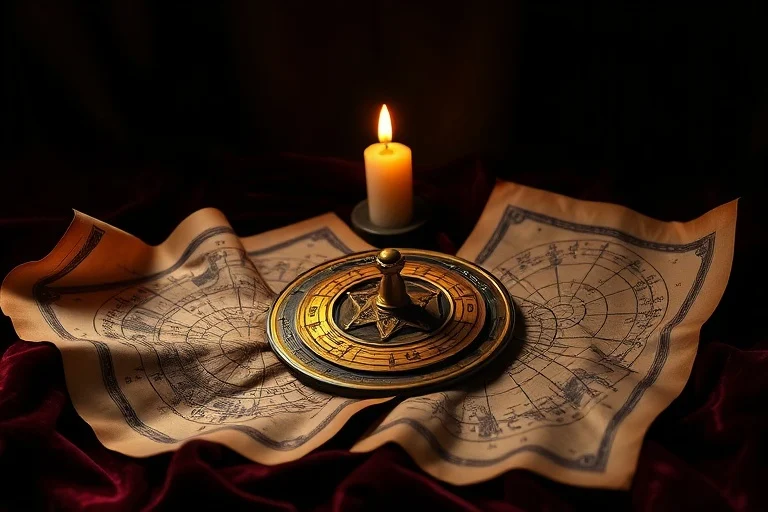 Cinematic still life of an antique brass astrolabe on velvet, surrounded by old parchment scrolls with astrological symbols, illuminated by a flickering candle.