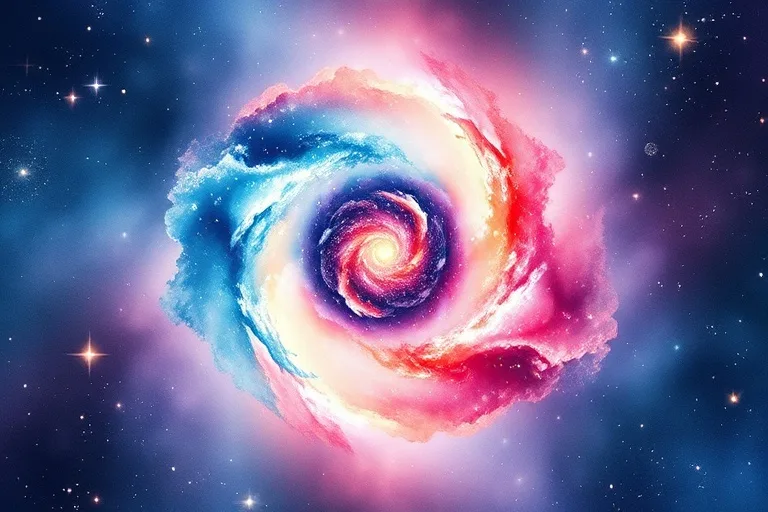 Watercolor painting of two distinct, swirling galaxies merging into a single, vibrant cosmic cloud, symbolizing the harmonious integration of energies.