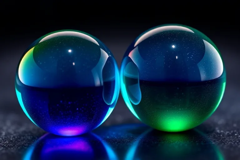 Macro shot of two iridescent glass spheres, sapphire blue and emerald green, blending colors at their touch point, symbolizing relationship fusion.
