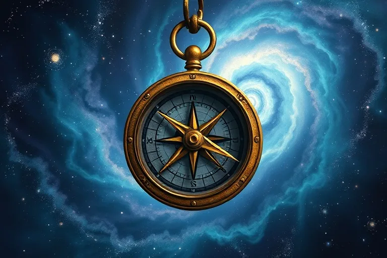 Conceptual oil painting of an ancient, weathered compass pointing to an unseen horizon, surrounded by swirling nebulae, symbolizing a relationship's shared journey and destiny.