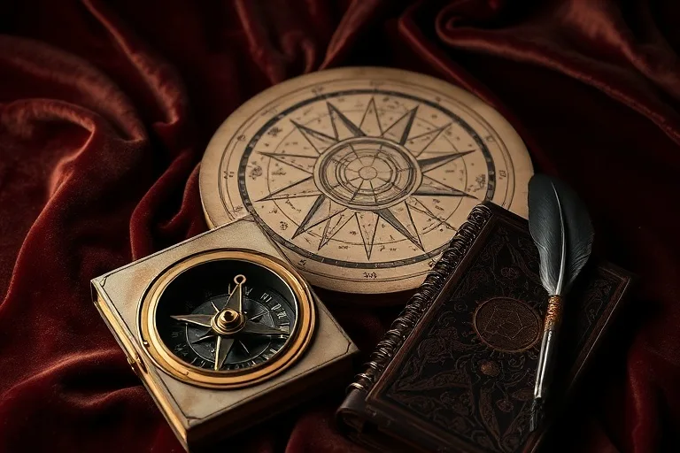 An antique brass compass open on velvet, pointing to a faded constellation map, with a worn leather journal and feather quill. Soft light creates deep shadows.