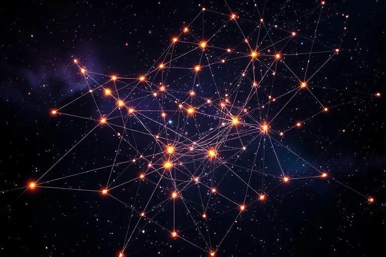 A delicate, interconnected web of glowing lines and nodes, representing human connections and astrological influences, against a dark, infinite cosmic backdrop.