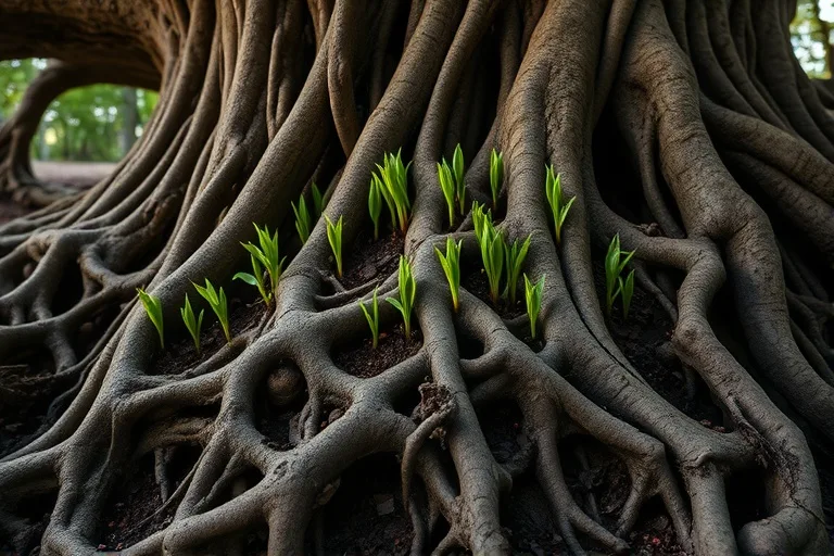 A gnarled oak tree root system, deeply embedded in soil with vibrant green shoots, symbolizing deep foundations and quiet resilience.