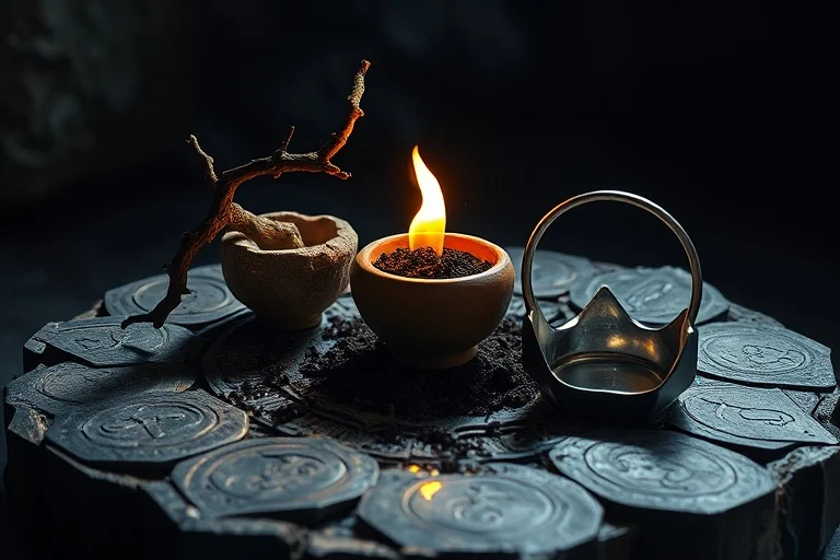 Cinematic Still Life: A collection of symbolic objects representing the five elements arranged on a weathered stone altar. A small, gnarled branch (Wood), a flickering ember in a ceramic bowl (Fire), rich, dark soil in a miniature pot (Earth), a polished, abstract metal sculpture (Metal), and a tranquil pool reflecting moonlight (Water). Extreme close-up macro photography, focused on texture and light.