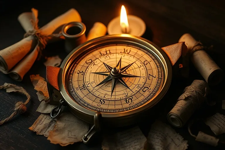 A cinematic still life photo of an antique brass compass pointing to a faded star map, surrounded by ancient scrolls and a flickering candle, symbolizing guidance and discovery.