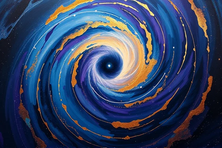 An abstract oil painting featuring a swirling vortex of deep blues, purples, and golds, symbolizing spiritual transformation and karmic cycles with dynamic brushstrokes.