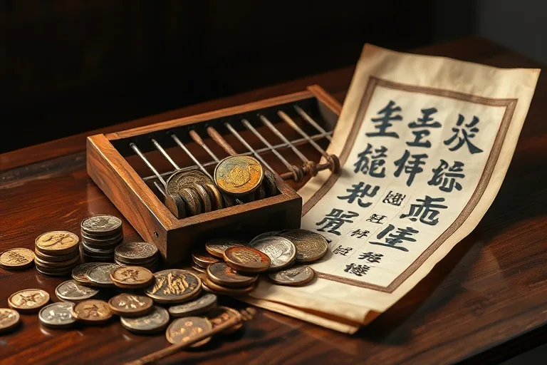 A meticulously arranged collection of antique Chinese coins, a traditional abacus, and a partially unrolled scroll with ancient calligraphy, all resting on a polished dark wood desk, illuminated by a soft, focused light, symbolizing finance and career strategy.