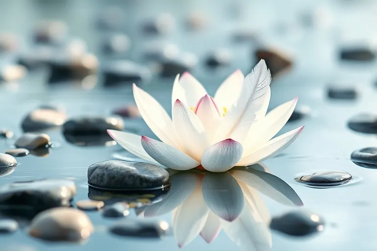 A serene and balanced watercolor painting featuring a delicate lotus flower blooming in calm water, surrounded by smooth, polished river stones and a single, perfectly balanced feather, with soft and harmonious colors, evoking peace and well-being.