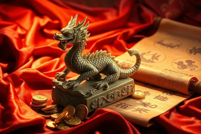 Cinematic still life of an ancient jade dragon statue on red silk, surrounded by gold coins and an astrological scroll.