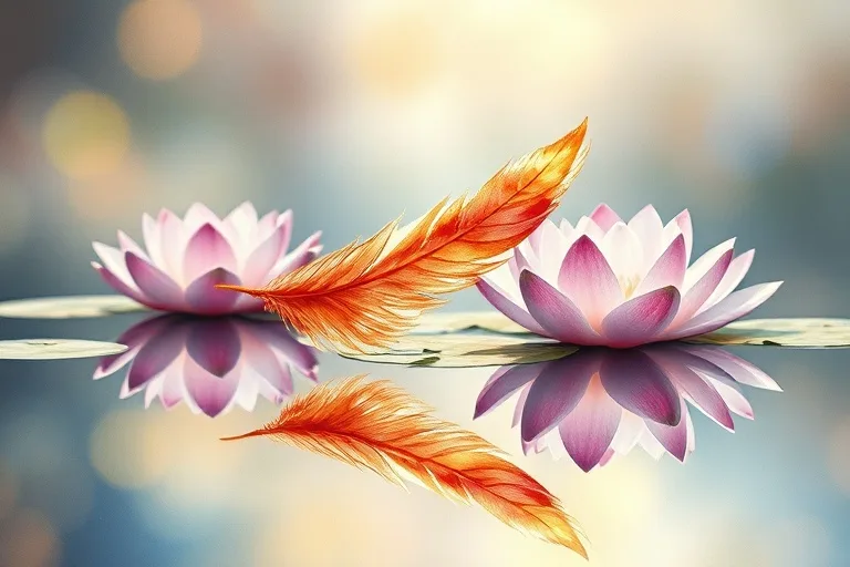 Watercolor painting of a delicate phoenix feather falling onto a reflective pool with lotus flowers, symbolizing spiritual renewal.