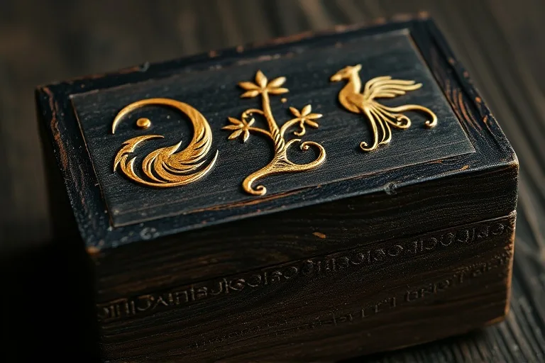 Macro photography of an ancient wooden box with elemental symbols
