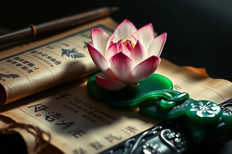 Cinematic still life of an ancient scroll with a complex knot, a lotus flower blooming from jade, symbolizing growth through challenge.