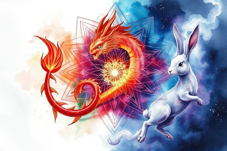 Watercolor painting of abstract, intertwining energy currents, one vibrant and one gentle, symbolizing Dragon and Rabbit dynamics.