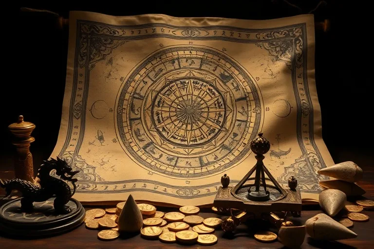 An ornate, antique scroll depicting a celestial map, surrounded by scattered gold coins and ancient divination tools.