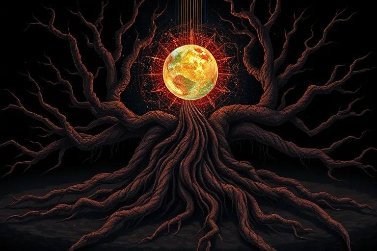 Abstract conceptual art of intertwined roots reaching towards a glowing, ethereal orb, symbolizing destiny and elemental power.