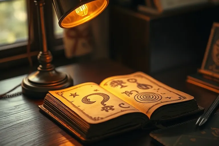 Cinematic still life of an antique dream journal, open to hand-drawn symbols, illuminated by a vintage lamp on a wooden desk.
