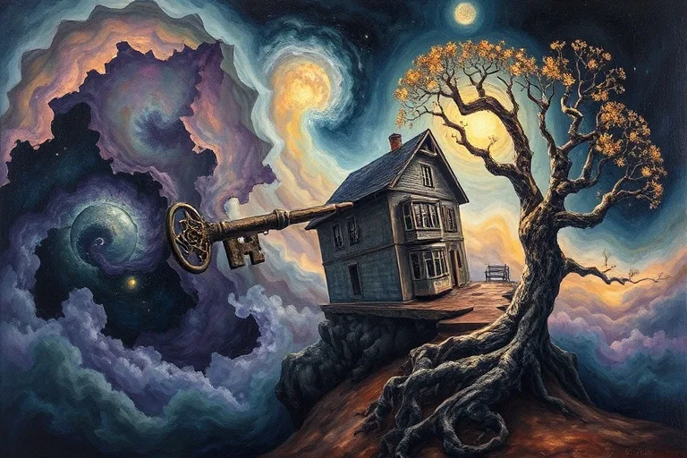 Abstract oil painting of a fragmented landscape with distorted objects like a key, house, and tree, blending into a surreal, dreamlike environment.