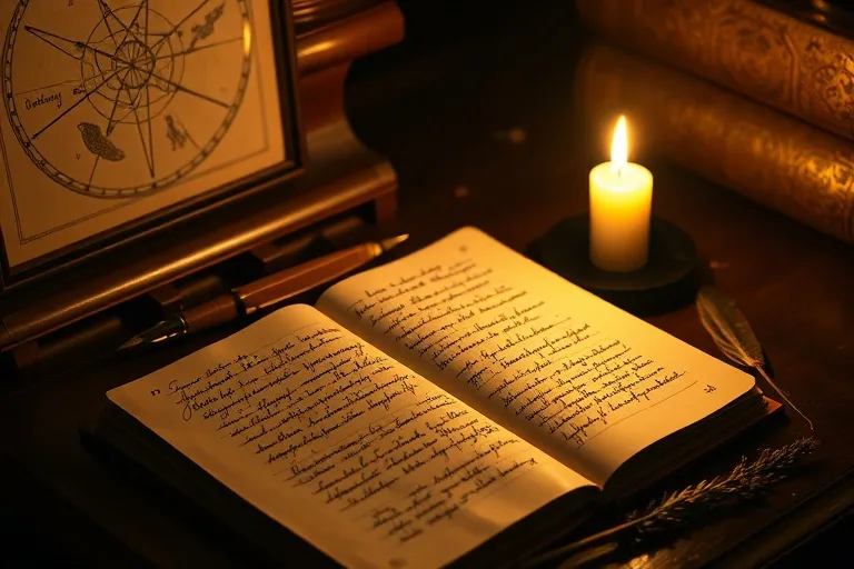 Cinematic still life of an open vintage journal on a desk with a quill, candle, and lavender, evoking quiet contemplation.