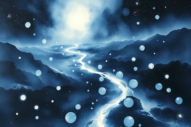 Watercolor painting of a serene river of light flowing through an abstract, dark landscape with glowing orbs, symbolizing the subconscious journey.