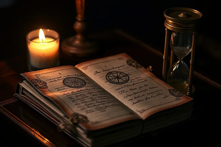 A weathered, antique leather-bound dream journal open on a dark wooden desk, with a flickering candle and hourglass, symbolizing introspection.