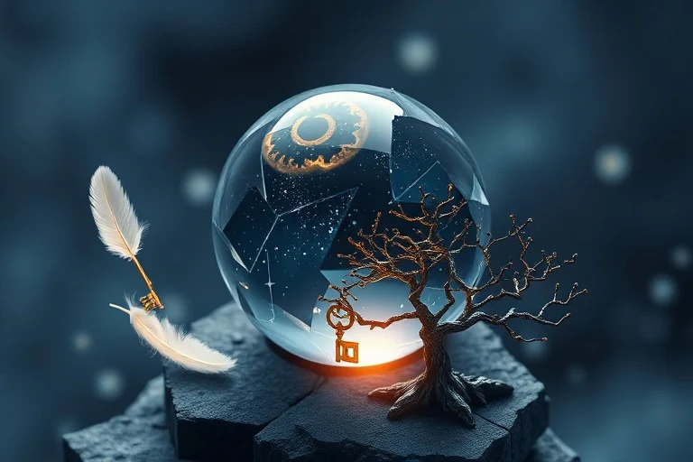 Abstract Conceptual Art: A fragmented glass sphere reflecting a starry night, connected by ethereal threads to symbolic objects like a key, feather, and tree, representing dream symbolism.