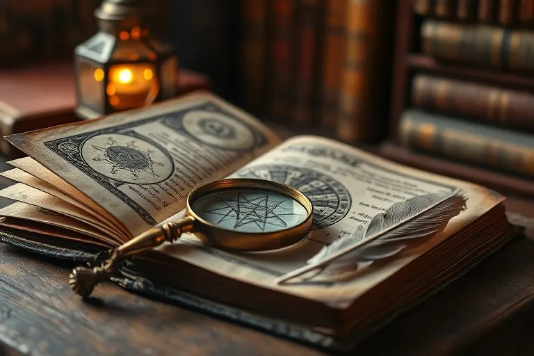 An antique dream journal with a quill and magnifying glass, symbolizing the careful study of dream symbols.