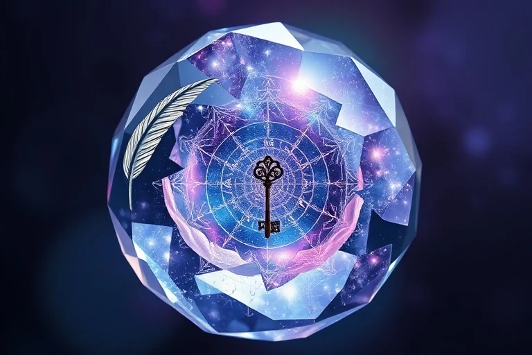 A fragmented crystal sphere reflecting various dream symbols, symbolizing the interconnectedness of subconscious messages.