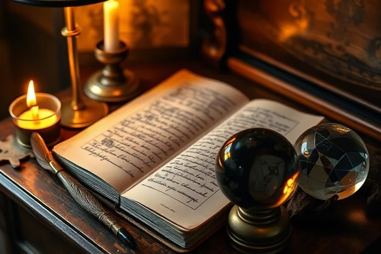 An antique leather-bound dream journal open on a wooden nightstand, next to a quill pen, a flickering candle, and a small, polished crystal ball reflecting abstract patterns. The lighting is soft and warm, with a shallow depth of field.