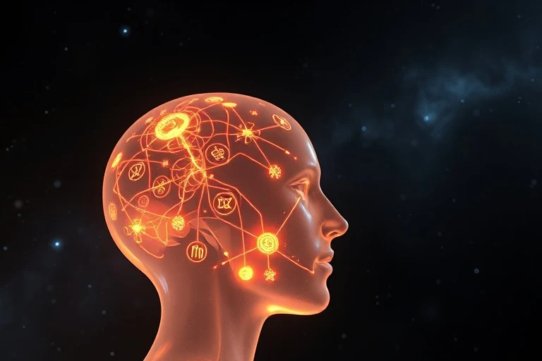 A complex, interconnected network of glowing neural pathways and abstract symbols floating within a translucent human head silhouette, against a dark, cosmic background. This 3D digital illustration represents the intricate workings of the subconscious mind.
