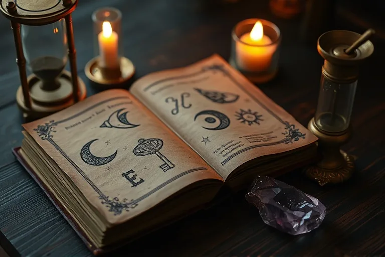 An antique leather-bound journal open to pages with dream symbols, next to symbolic objects like an hourglass and crystal, lit by a flickering candle.