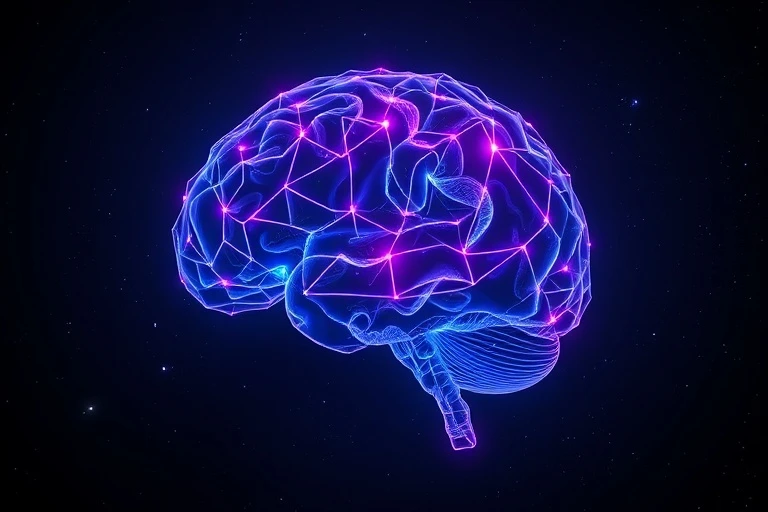 Abstract conceptual art showing swirling indigo and violet light forming a brain-like structure in a cosmic void, with luminous threads connecting parts, representing unconscious thought.