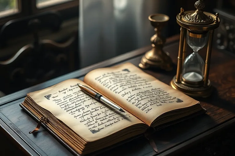 Vintage dream journal and hourglass on an antique desk, symbolizing the recording of subconscious thoughts over time