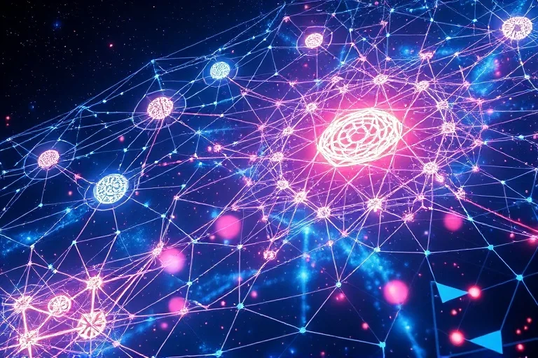 Digital 3D render of glowing neural pathways and abstract symbols in cosmic space, representing the intricate subconscious