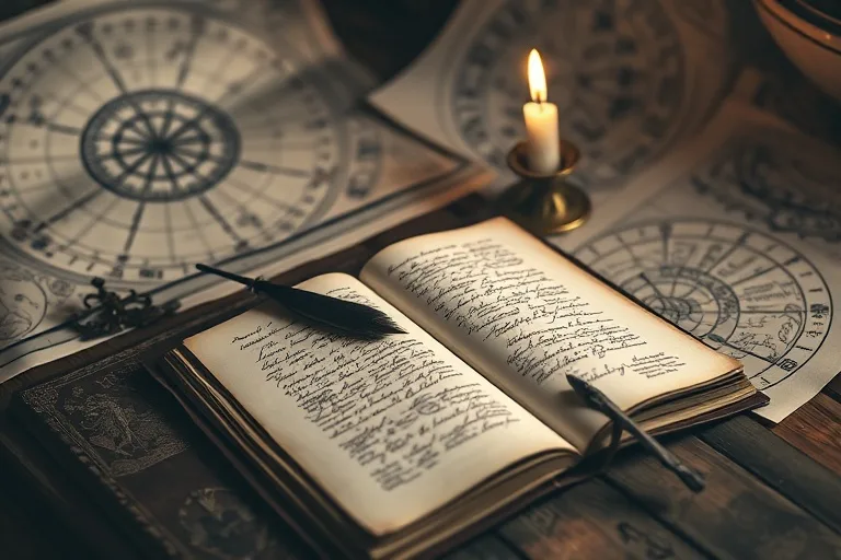 Vintage photograph of an open dream journal on a desk, surrounded by celestial charts and a candle, symbolizing ancient wisdom and introspection.